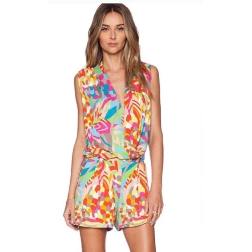Trina Turk Giselle Womens Multi Color Psychedelic Print Sleeveless Romper Size P